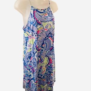 Lily Pulitzer tank dress with classic vibrant colors and tassel ties at back.